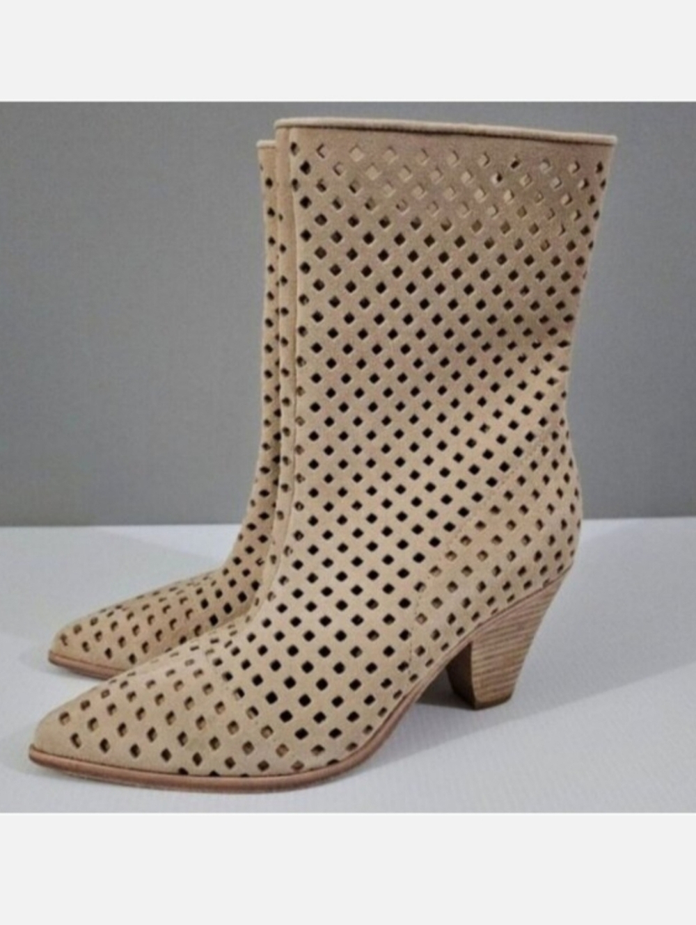 Paige Layla Mid Calf Boot Womens 7 Beige Leather Perforated Pointed Toe Heel
